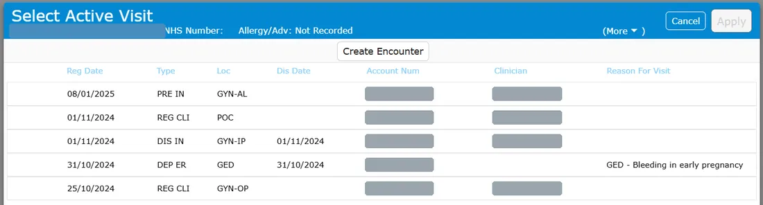 Select Active Visit. Patient identifiers and clinician names are masked here.